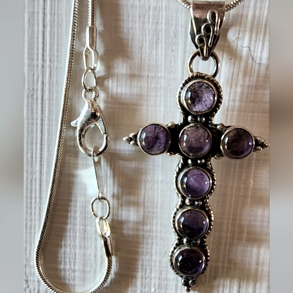 GENUINE AMETHYST 925 STERLING SILVER Vintage Cross Pendant with S.S. Snake Chain - Picture 8 of 8